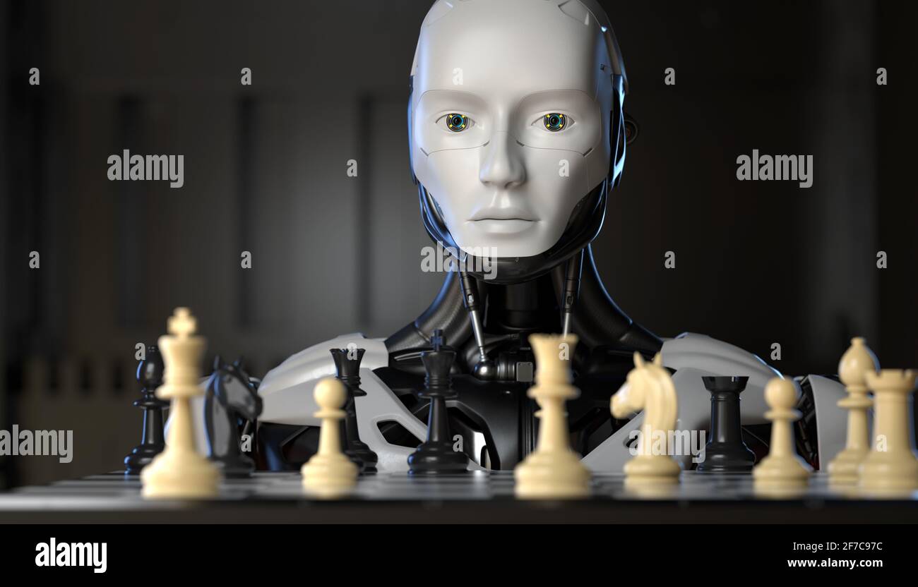 Sci-Fi Cyborg spielt ein Schachspiel. 3D-Illustration Stockfoto