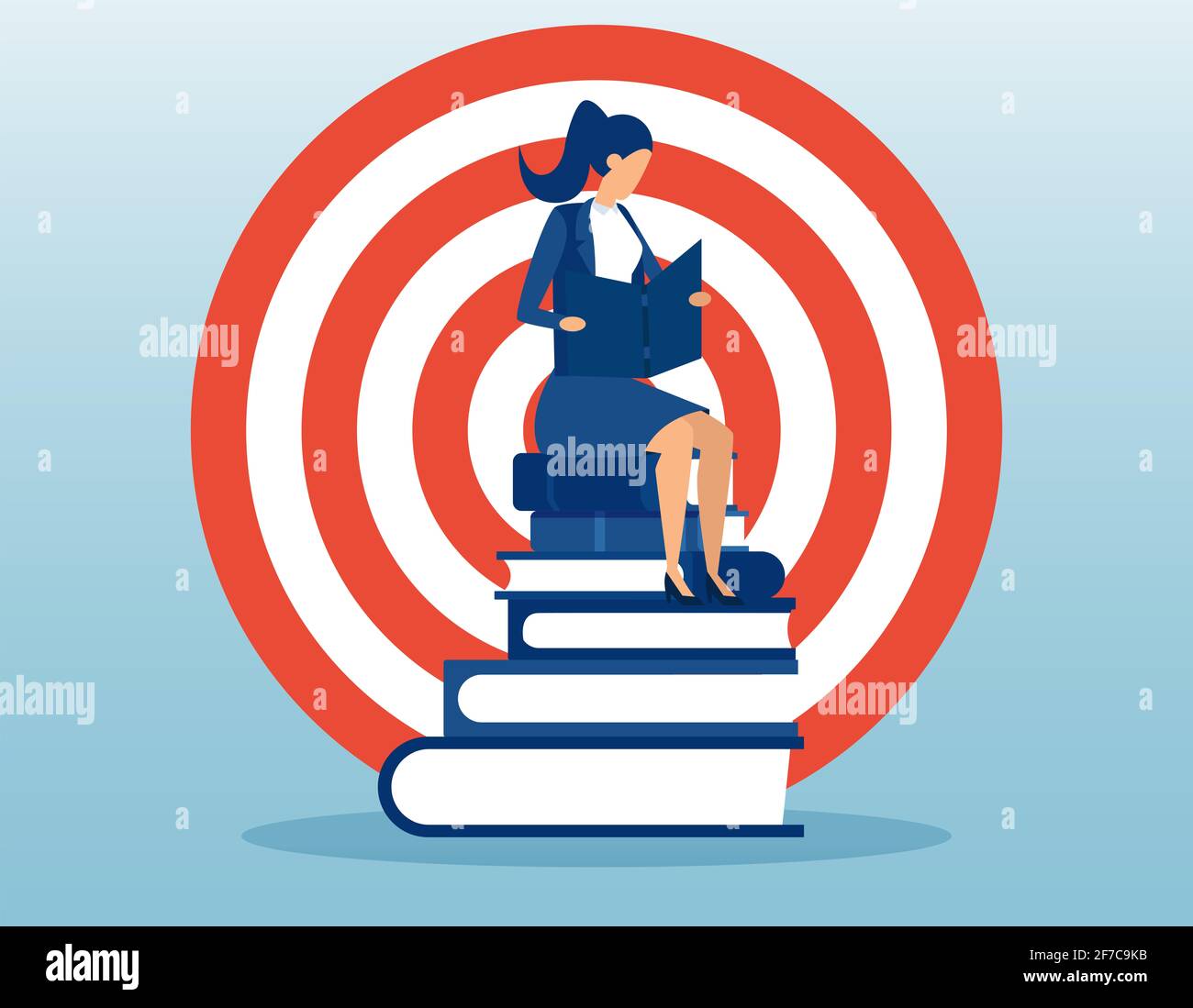 Vektor einer Geschäftsfrau, die auf einem Stapel Bücher sitzt Auf einem Zielhintergrund Stockfoto