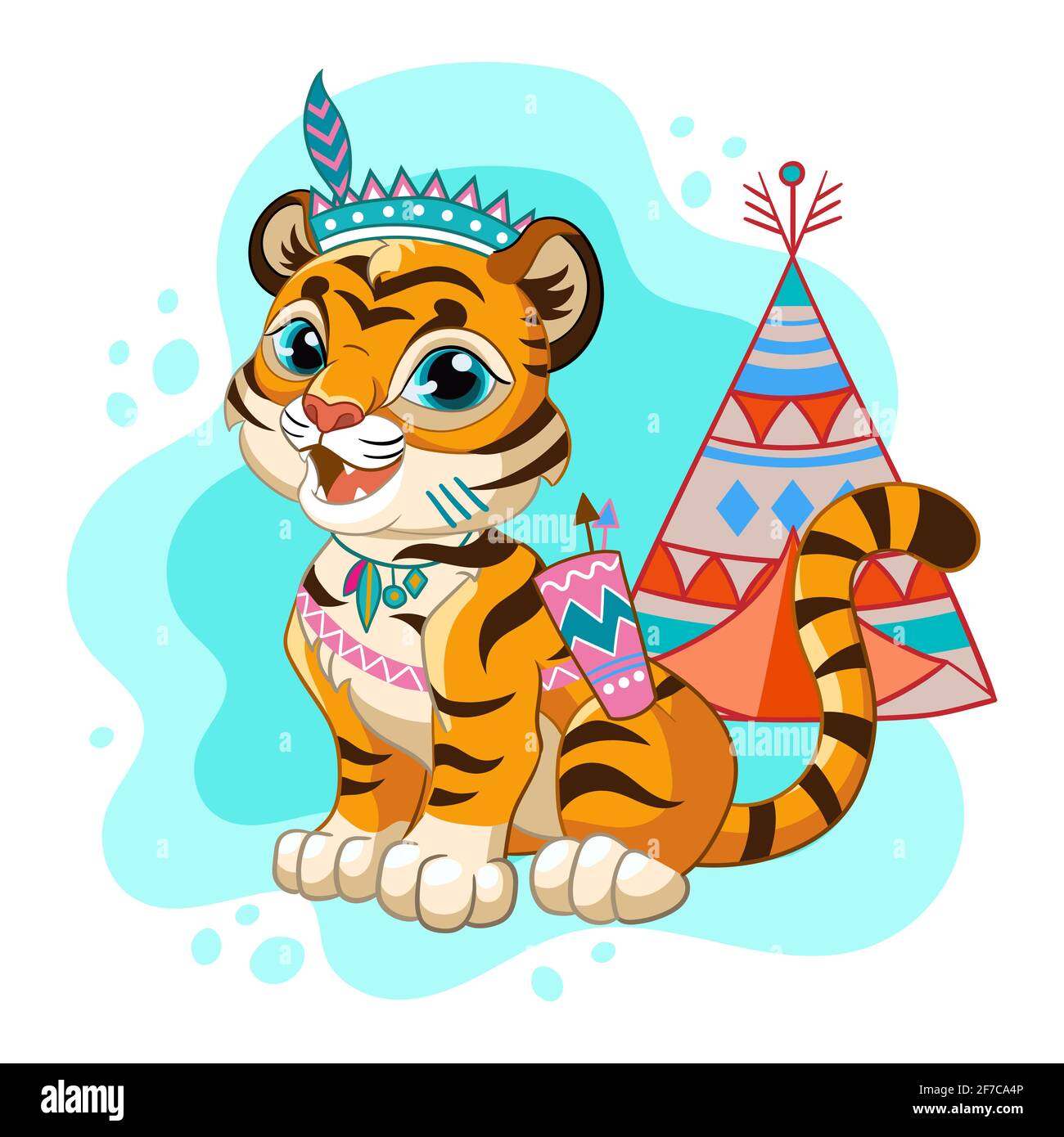 Niedliche Cartoon kleine Tribal Tiger mit Tipi. Zeichentrickfigur. Vektor-isolierte Illustration. Für Postkarte, Plakate, Kinderzimmer-Design, Grußkarte, st Stock Vektor