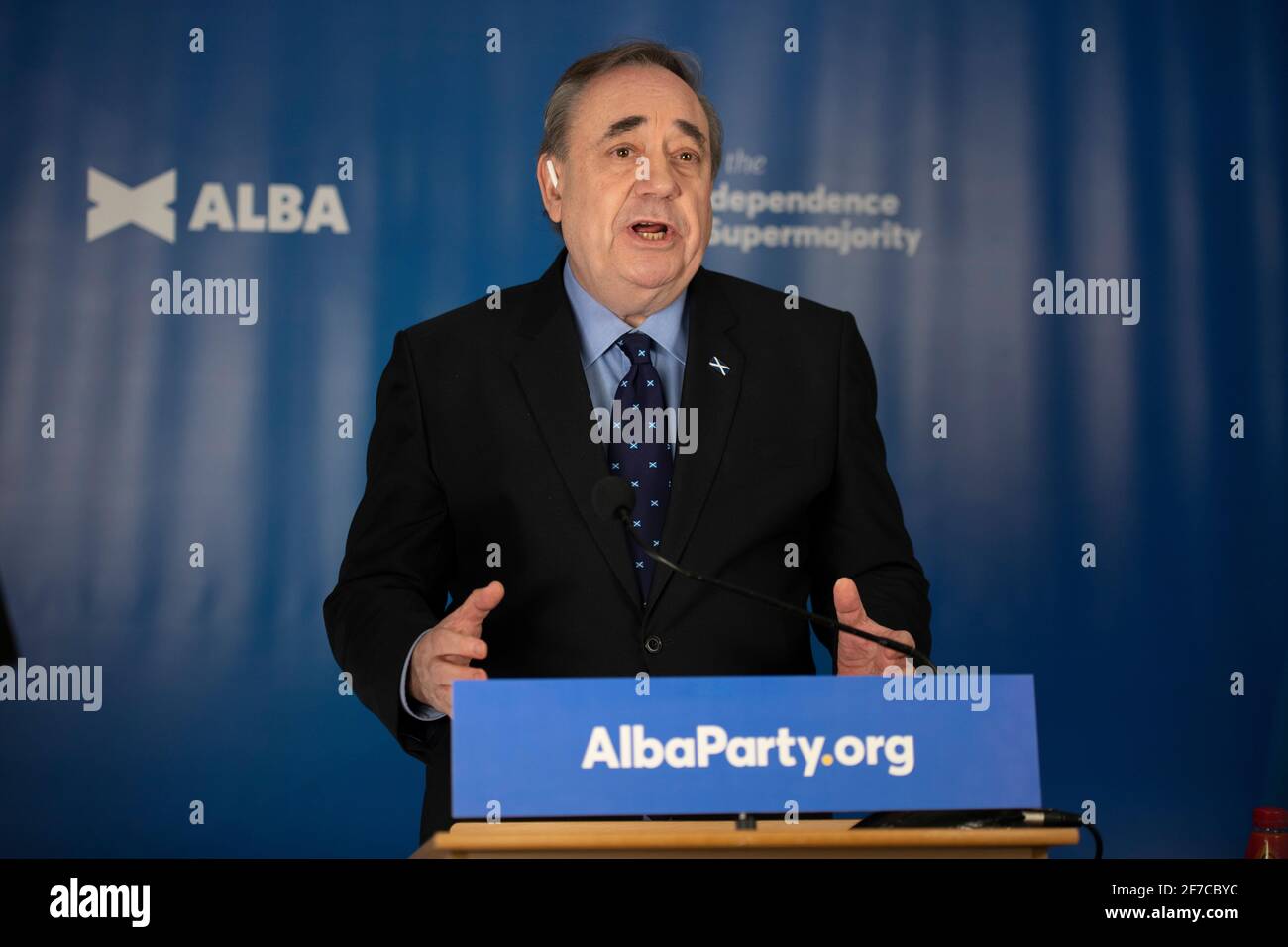 Aberdeenshire, Schottland, Großbritannien. April 2021. IM BILD: ALEX Salmond, der Vorsitzende DER ALBA-Partei und ehemalige erste Minister, startet am Donnerstag, dem 6. Mai, den nationalen Alba-Wahlkampf für die schottischen Parlamentswahlen. Herr Salmond wird den „Weg zur Unabhängigkeit“ anlässlich des Jahrestages der Erklärung von Arbroath aus dem Jahr 1320 vorstellen und eine neue „Erklärung für Schottland“ ankündigen. Quelle: Colin Fisher/Alamy Live News Stockfoto