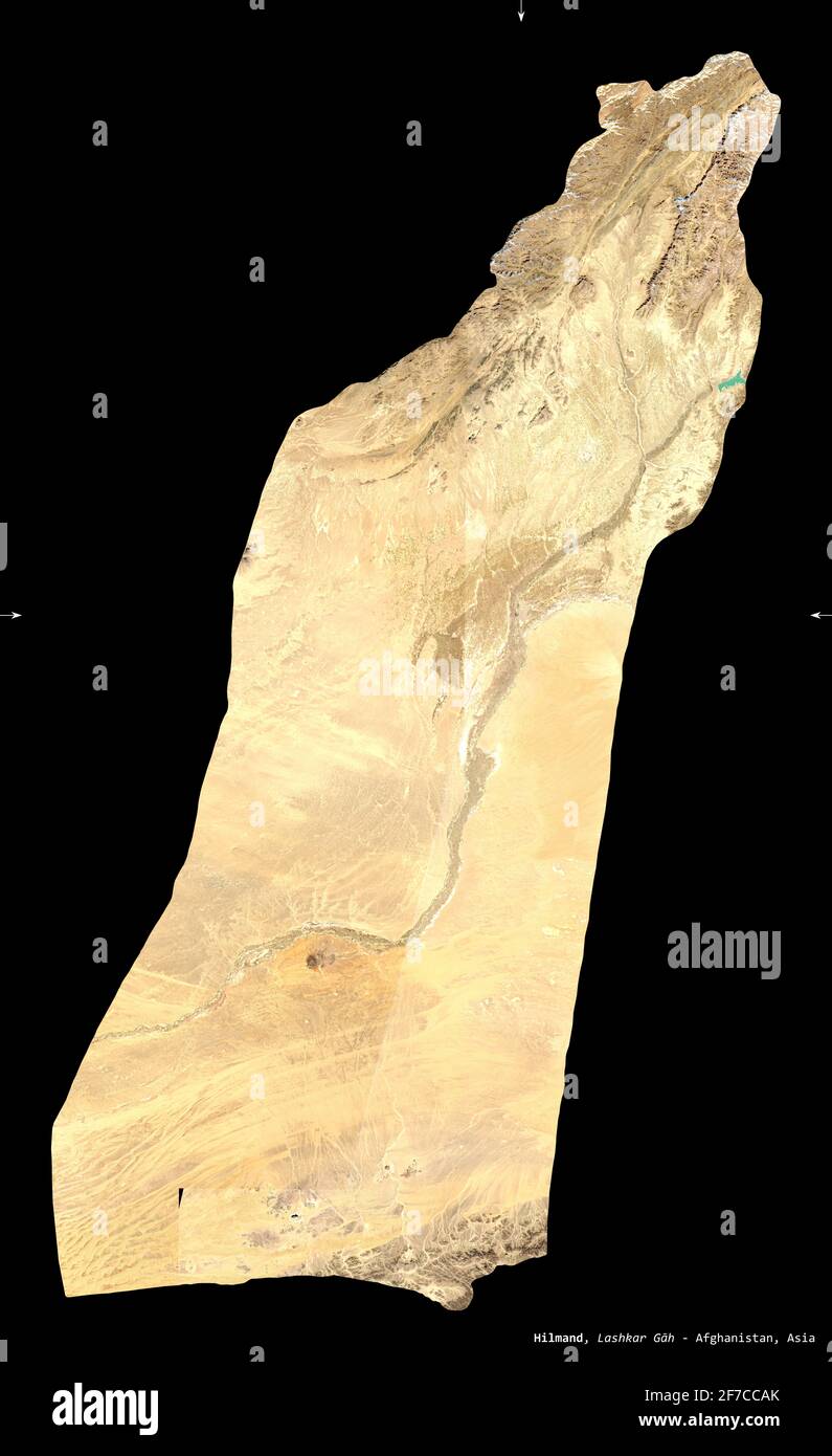 Hilmand, Provinz Afghanistan. Sentinel-2-Satellitenbilder. Form isoliert auf Schwarz. Beschreibung, Lage der Hauptstadt. Enthält modifizierten Kopierer Stockfoto