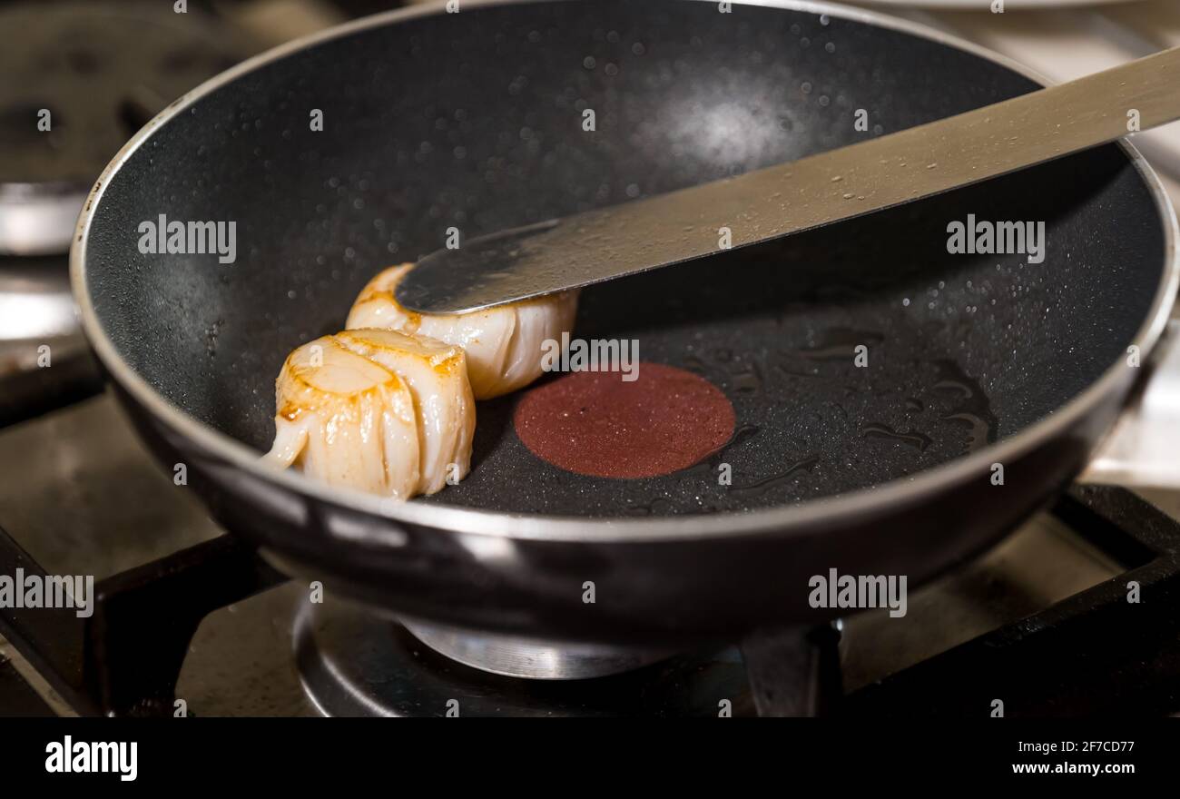 Kochen von zwei Jakobsmuscheln, die in einer Pfanne gebraten werden Auf einem Herdkochfeld, um sie zu karamellisieren Stockfoto