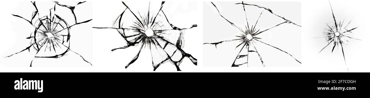 Satz von Illustrationen von gebrochenem Glas, Risse am Fenster, ein Loch aus beschädigtem Glas. Stockfoto