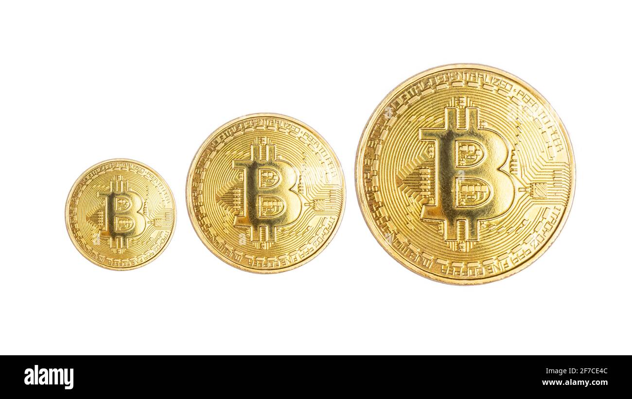 Metallmünze Kryptowährung Bitcoin isoliert auf weißem Hintergrund, Zahlung online, Zahlung mit digitalem Geld Stockfoto