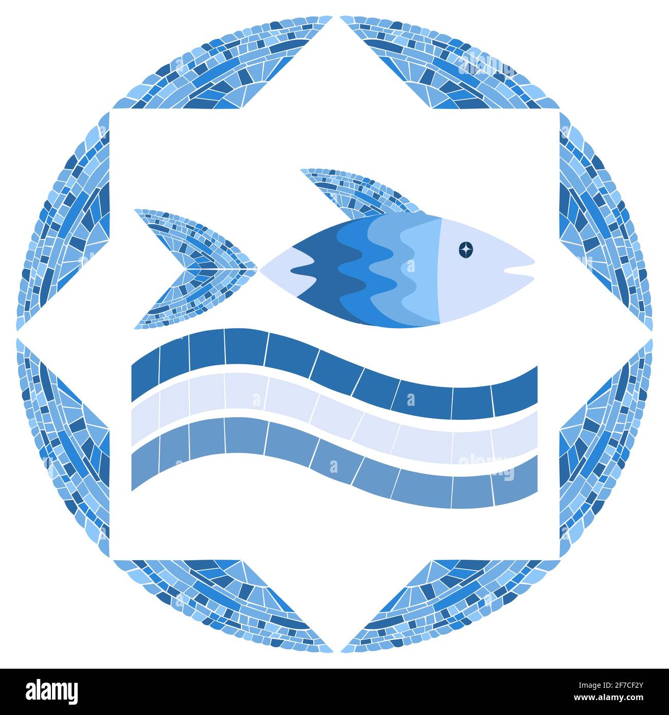 Mosaikfisch im Kreisrahmen. Vektor-Illustration für Schwimmbad oder Bad-Design. Bild für Emblem. Isoliert auf weißem Hintergrund Stock Vektor