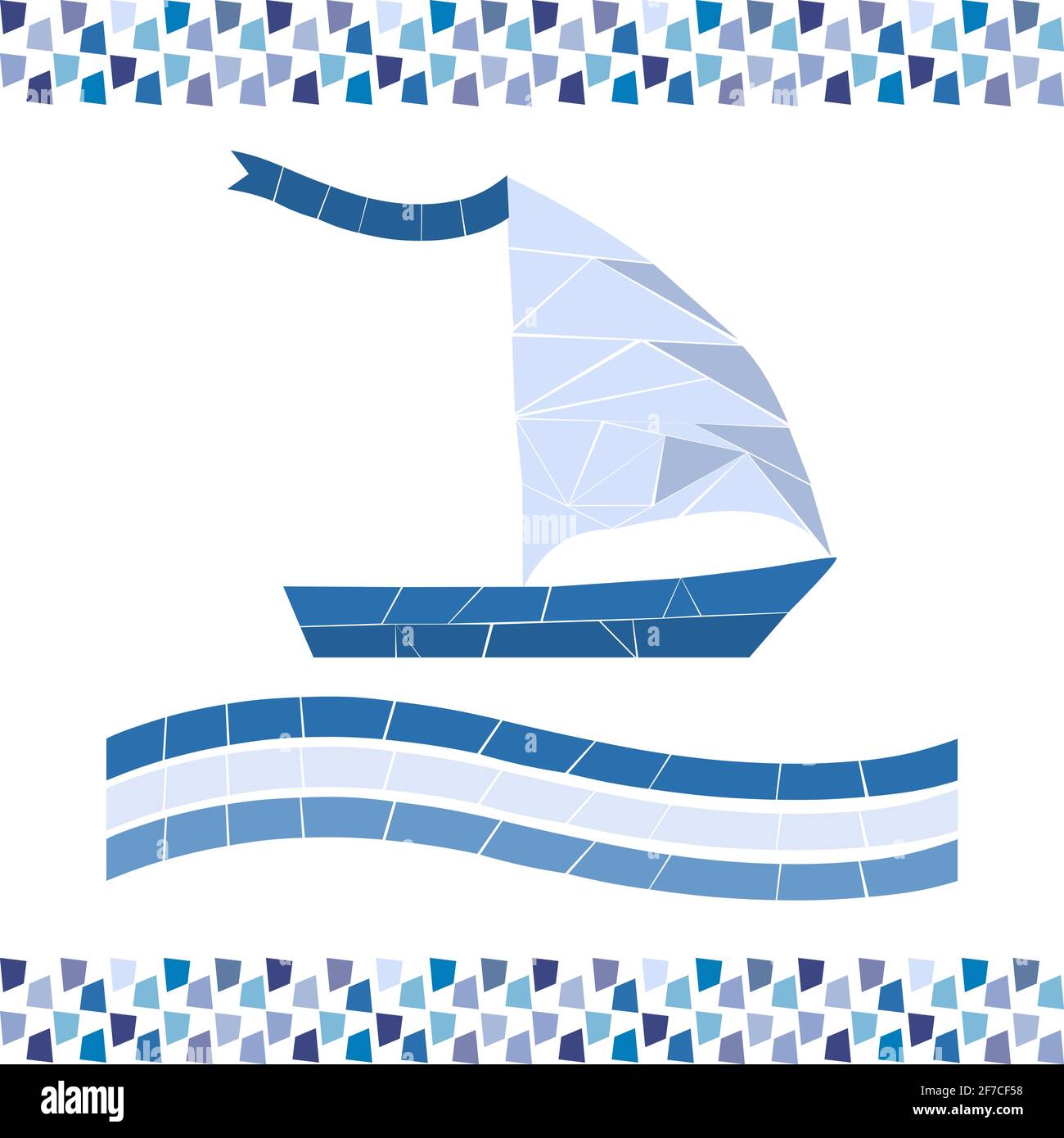Mosaic Blue Boat. Monochrome Illustration für Pool- oder Badgestaltung. Bild für Emblem. Isolierter Vektor Stock Vektor