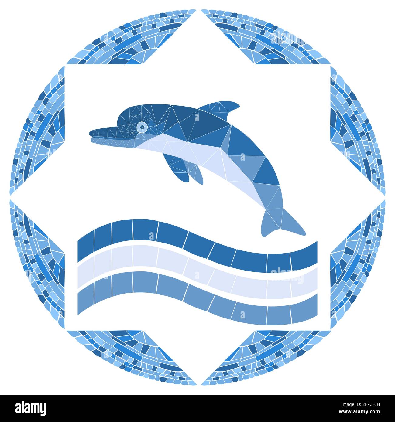 Mosaic Dolphin. Vektor-Illustration für Schwimmbad oder Bad-Design. Bild für Emblem. Isoliert auf weißem Hintergrund Stock Vektor