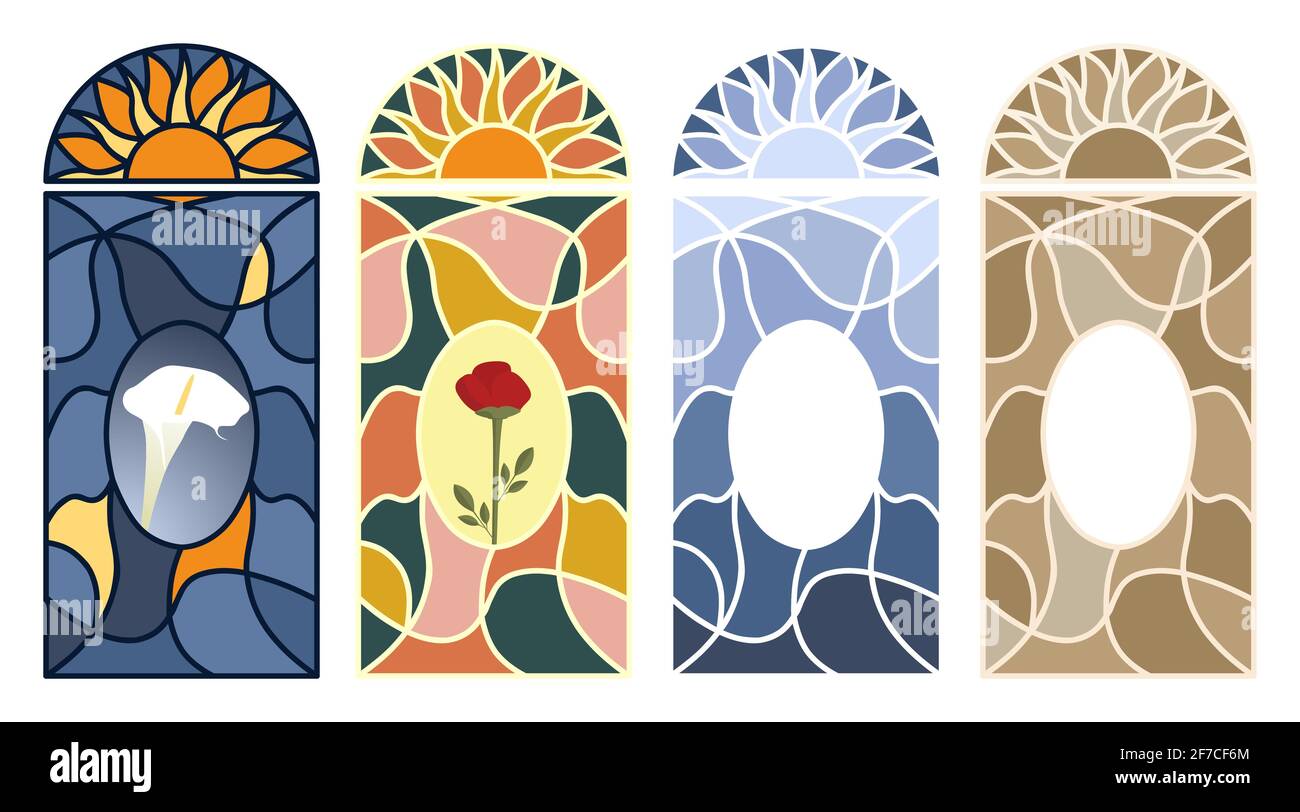 Buntglasfenster. Set von mehrfarbigen Mosaik-Muster. Isolierte Vektorgrafik auf weißem Hintergrund Stock Vektor