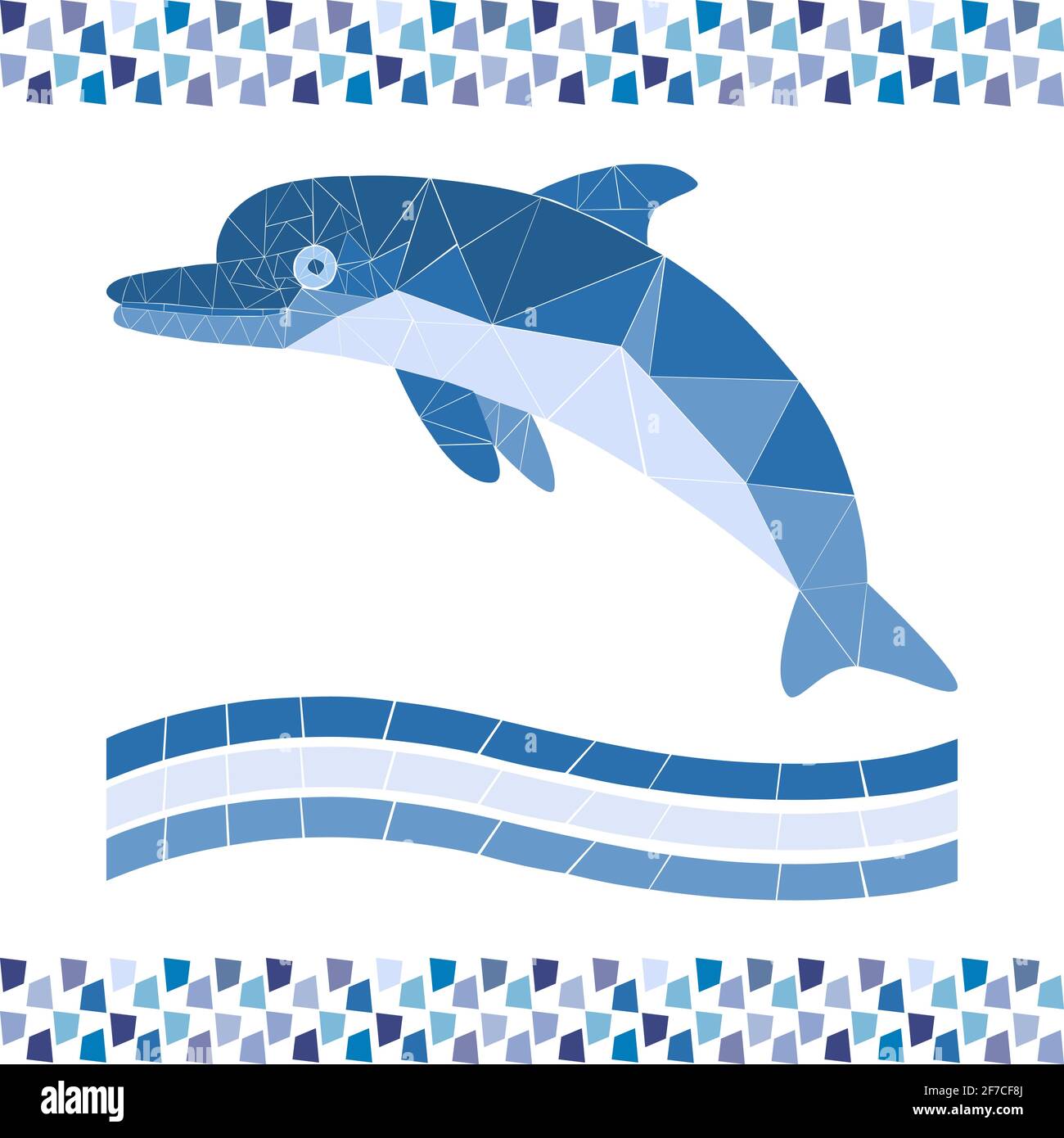 Mosaikblauer Delphin. Monochrome Illustration für Pool- oder Badgestaltung. Bild für Emblem. Isolierter Vektorrahmen Stock Vektor
