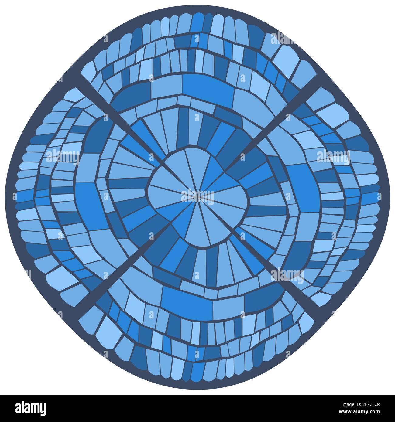 Mosaikmuster aus Buntglas. Blaue monochrome Vektorgrafik. Isoliert auf weißem Hintergrund. Bild für Symbol oder Designelement Stock Vektor