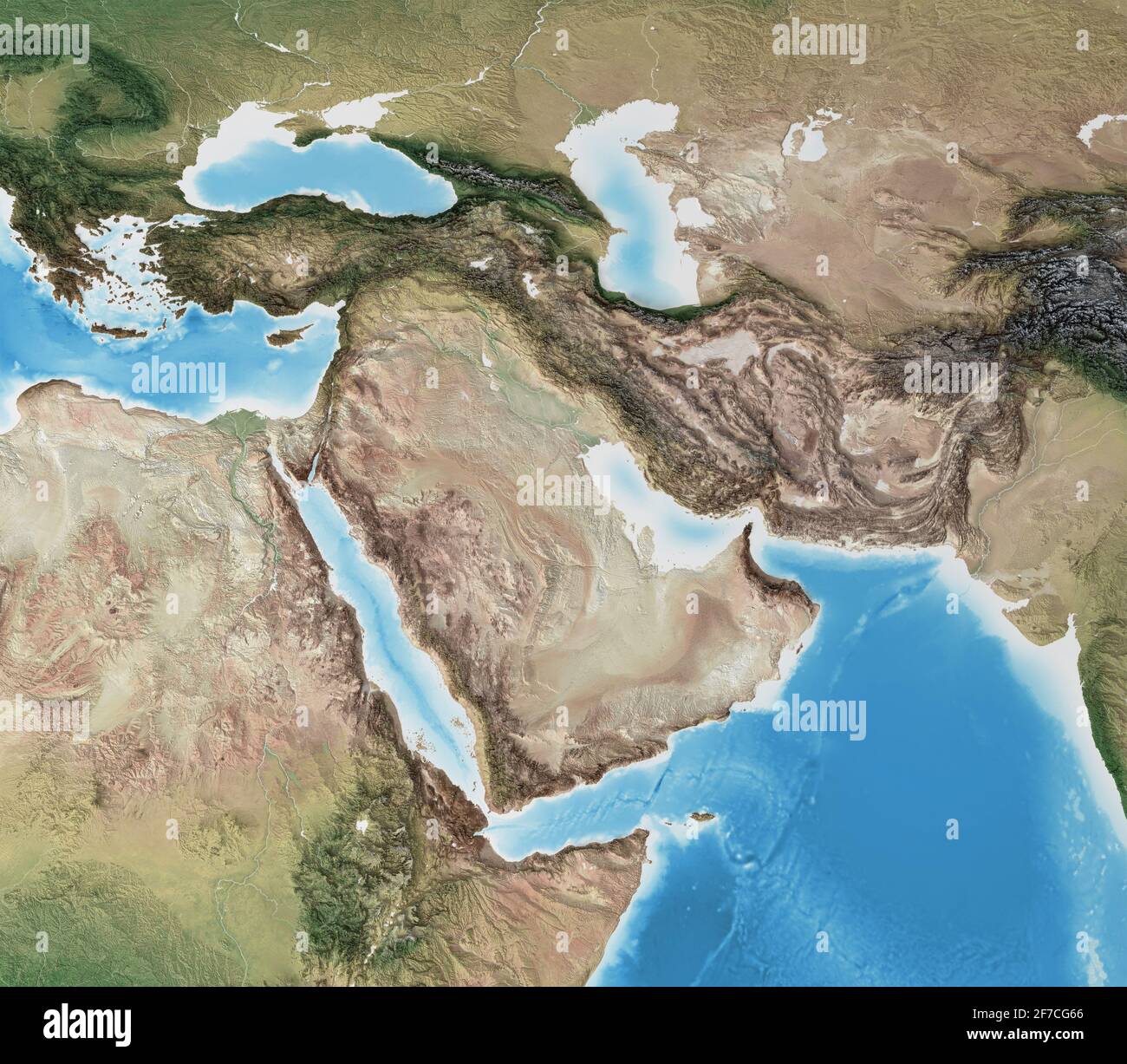 Physische Karte des Nahen Ostens, mit hochauflösenden Details. Abgeflachte Satellitenansicht des Planeten Erde und seiner Geografie- Elemente, die von der NASA eingerichtet wurden Stockfoto