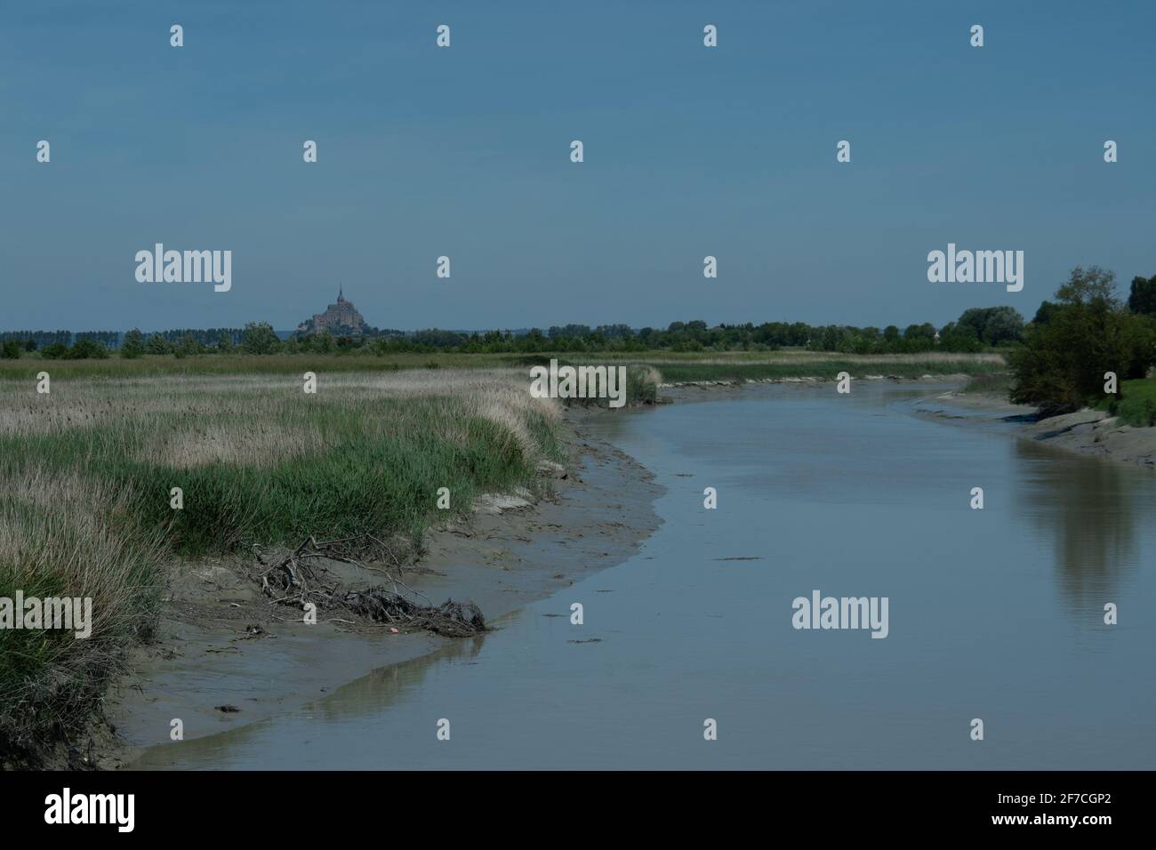 Sumpfland und ein Fluss vor dem Mont-Saint-Michel, Bretagne, Frankreich Stockfoto