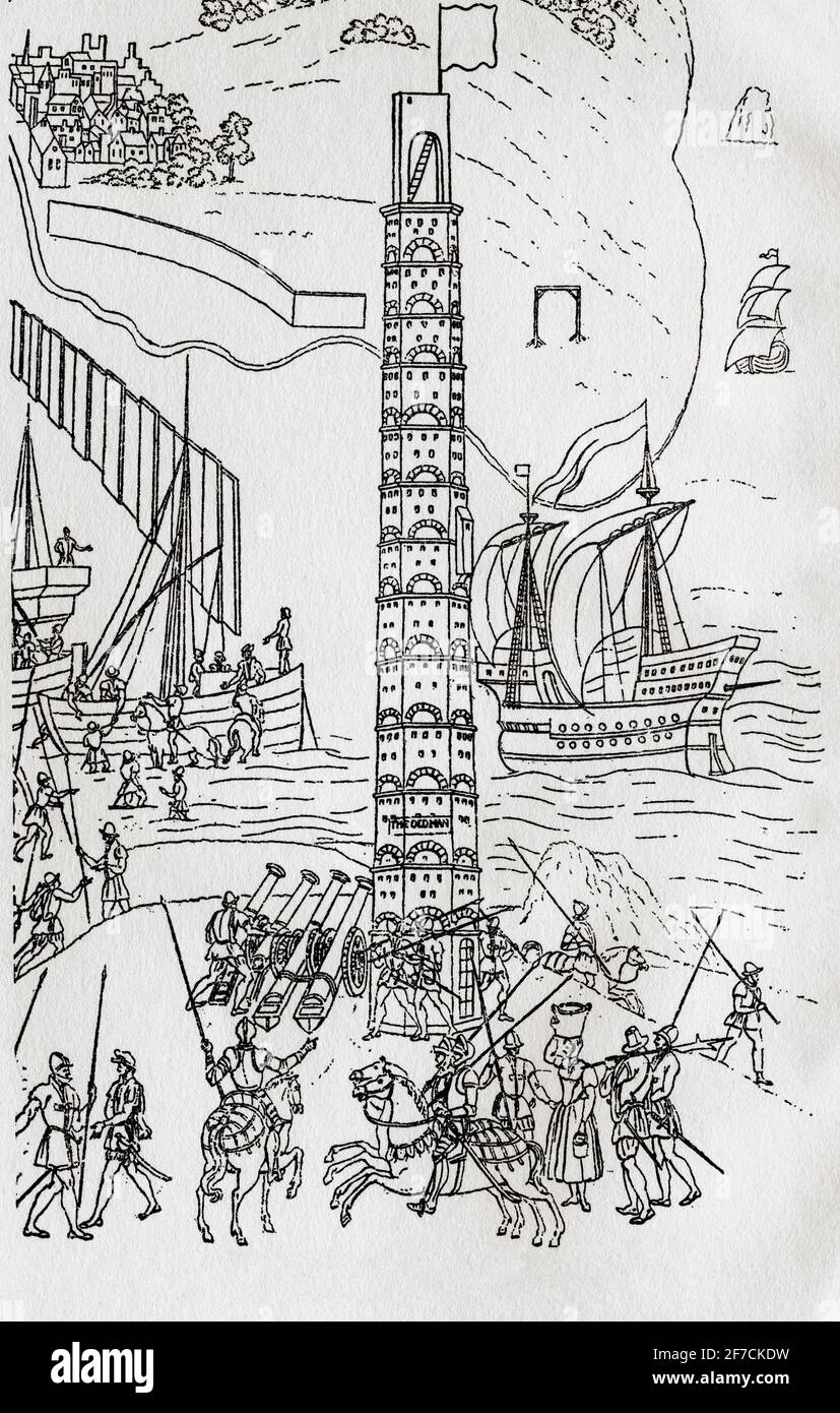 Die Tour D'Ordre, auch bekannt als der alte Mann von Boulogne, ein römischer Leuchtturm, der 1644 ins Meer fiel. Nach einer Zeichnung aus dem 16. Jahrhundert im British Museum, später Illustration von Edgar Holloway. Stockfoto