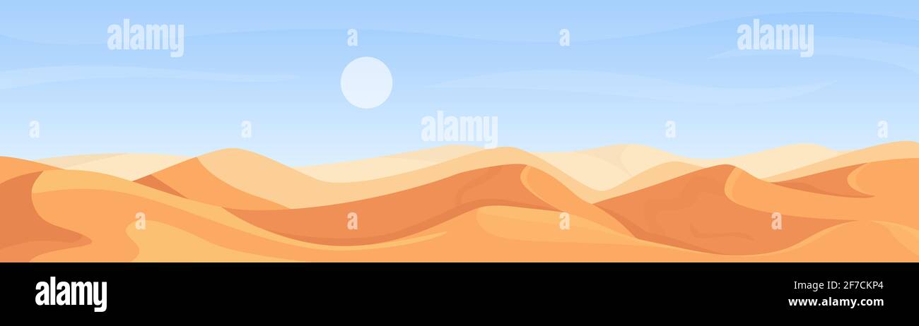 Wüste Natur weite Panoramalandschaft in Afrika, Cartoon menschenleere Landschaft im Sommer Hitze Wetter, ägyptische sahara Szene Vektor Illustration Stock Vektor