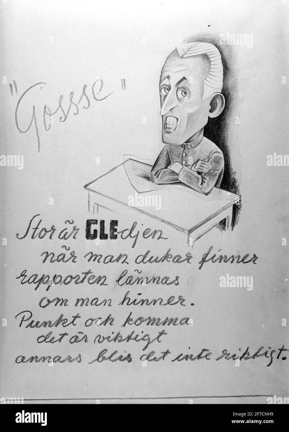 Karikaturenbild des Militärs aus der Luftwaffe, 1930s Karikaturenbild des Militärs aus der Luftwaffe, 1930s. Mit „gle“ markiert. Fallfotografierte Zeichnung. Stockfoto