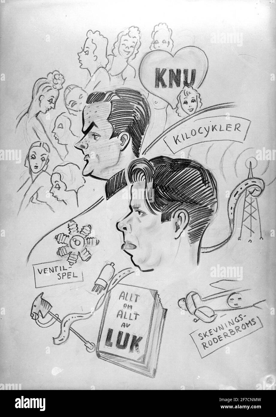 Karikaturbild der Militanten der Luftwaffe, 1930s Karikaturbild des Militärs der Luftwaffe, 1930s. Beschriftet Mit „Knu“, „Luke“. Fallfotografierte Zeichnung. Stockfoto