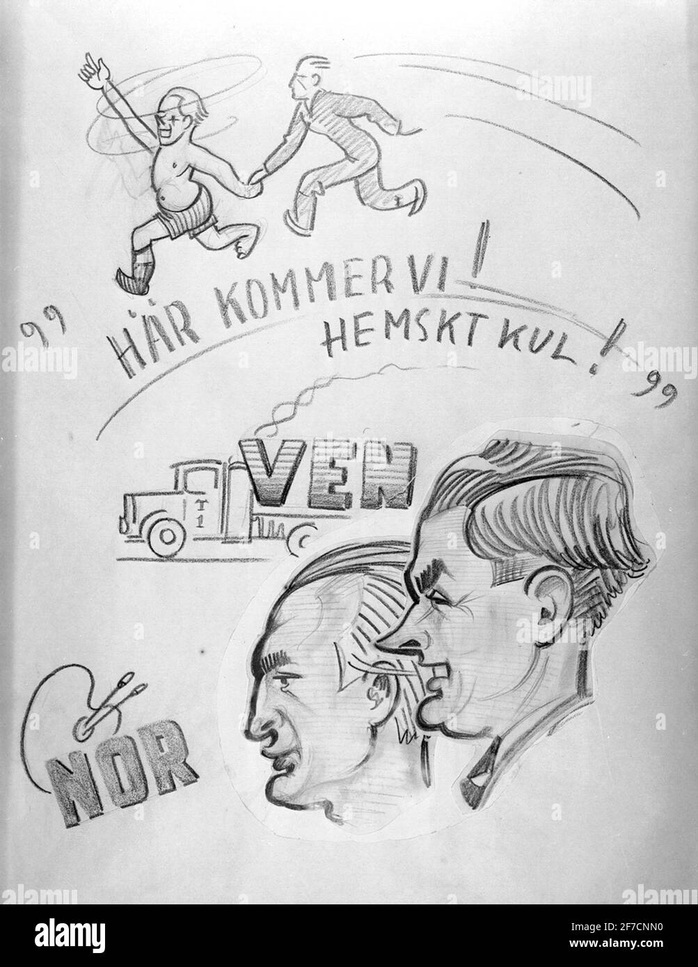 Karikaturbild der Militanten der Luftwaffe, 1930s Karikaturbild des Militärs der Luftwaffe, 1930s. Mit „Vein“, „NOR“ gekennzeichnet. Fallfotografierte Zeichnung. Stockfoto