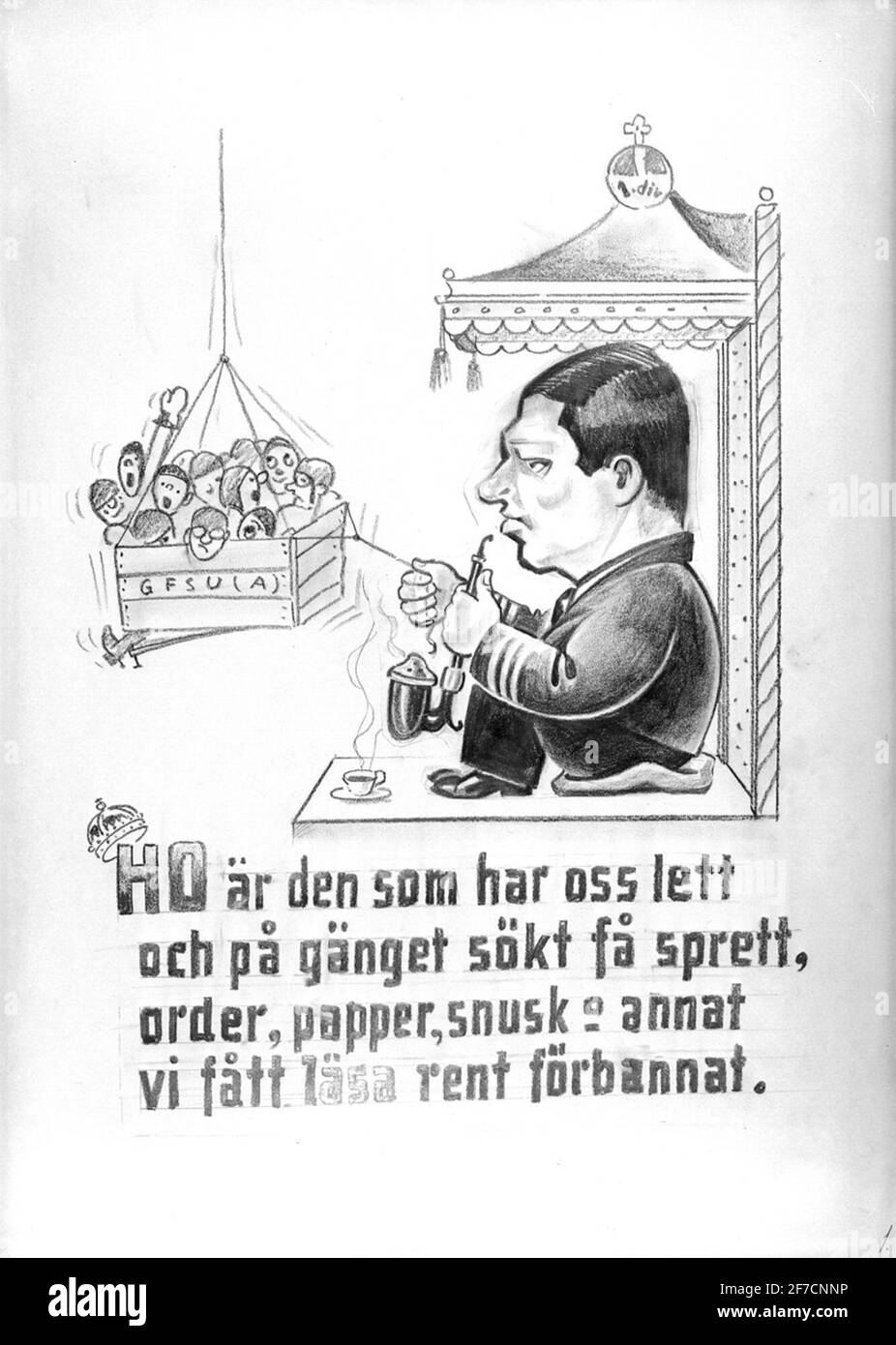 Karikaturenbild des Militärs aus der Luftwaffe, 1930s Karikaturenbild des Militärs aus der Luftwaffe, 1930s. Mit „ho“ markiert. Fallfotografierte Zeichnung. Stockfoto