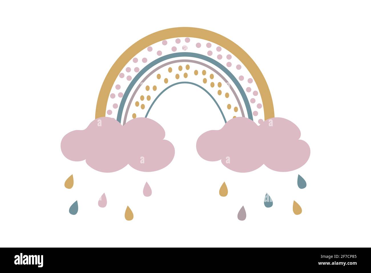 Niedliches Baby Boho Regenbogen mit Wolken und Regen im skandinavischen Stil, schöne Dekoration isoliert auf weißem Hintergrund. Pastellfarben, Babydusche, Kinderzimmer. . Vektorgrafik Stock Vektor