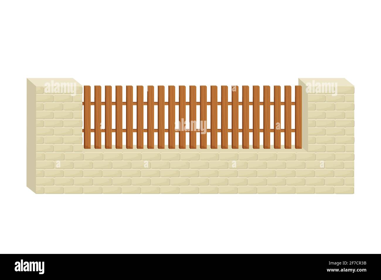 Zaun aus Steinziegeln und Holzplanken in Cartoon-flachen Stil isoliert auf weißem Hintergrund. Gebäude, Bau zum Schutz. Designelement. Abbildung des Stock Vectors Stock Vektor