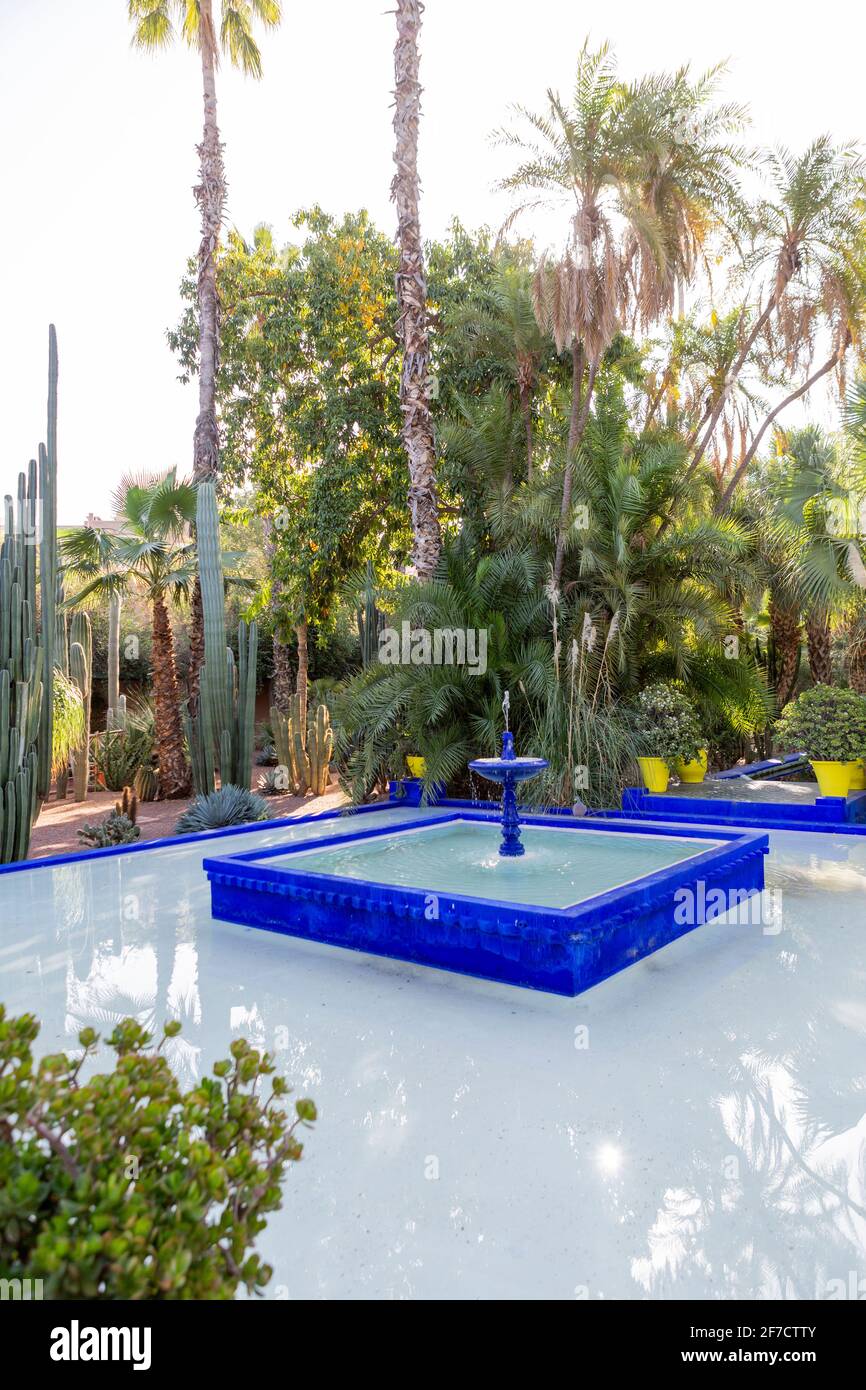 Brunnen in der Villa Majorelle mit ihren umliegenden Palmen und Kakteen im berühmten botanischen Garten Jardin Majorelle in Marrakesch, Marokko Stockfoto