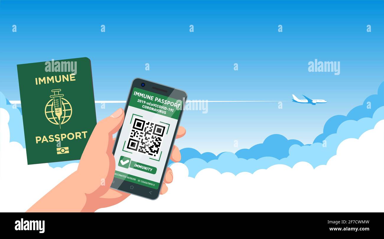 Digitaler und papierunkontroller Reisepass für den Flug auf blauem Himmel. Sicherheitsreise nach Covid-19-Impfung. Vektor Stock Vektor