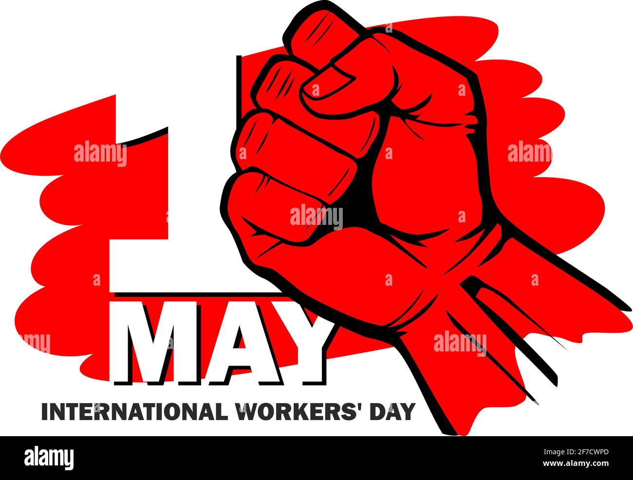 Grußkarte zum 1. Mai zum Internationalen Arbeitertag. 1. Mai - Symbol des revolutionären Protests ist rot geballte Faust angehoben. Abbildung, Vektor Stock Vektor