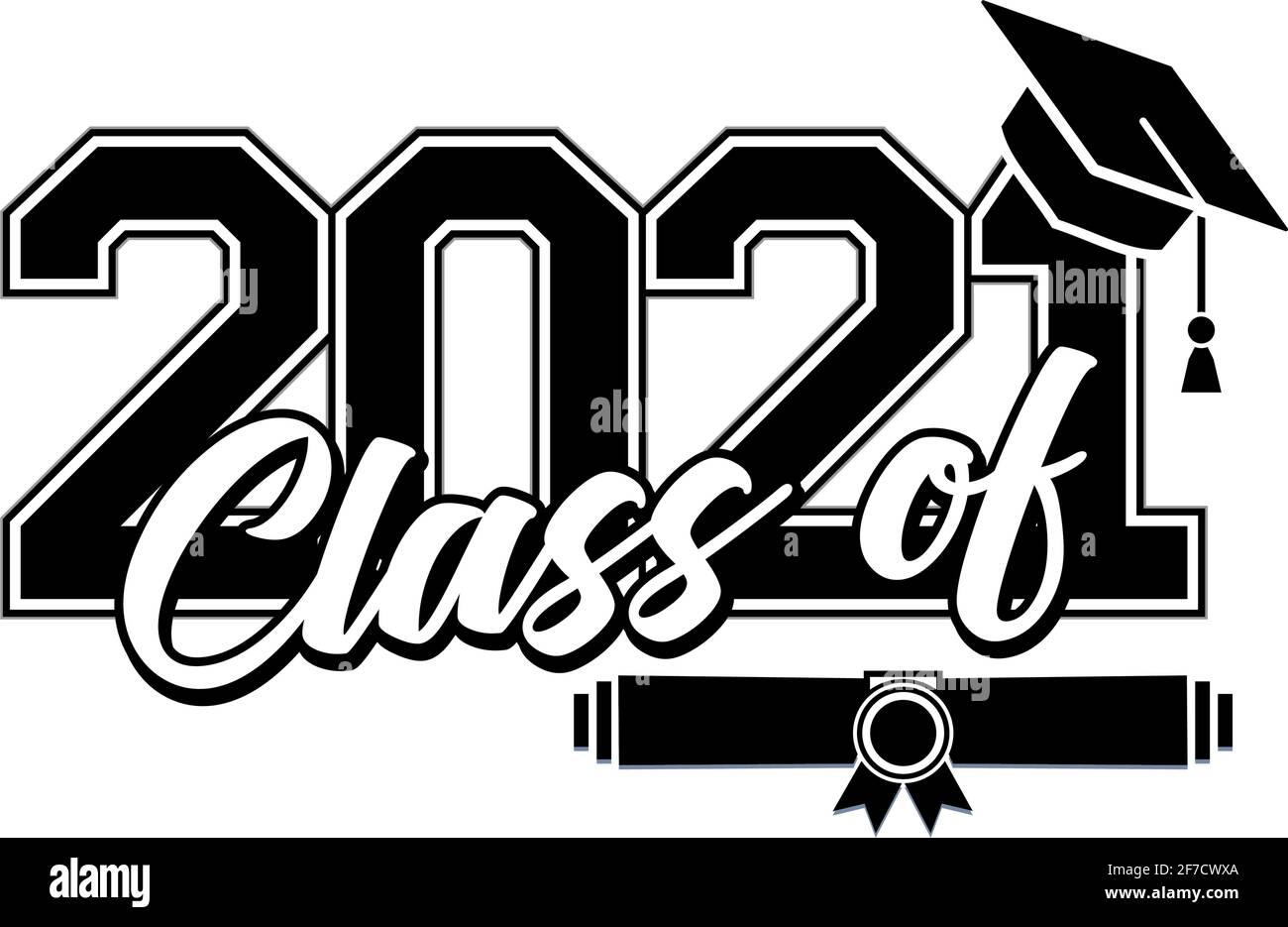 Lettering Klasse von 2021 für Grußansage, Einladungskarte. Text für Abschlussdesign, Gratulation Veranstaltung, T-Shirt, Party, High School oder College Gradua Stock Vektor