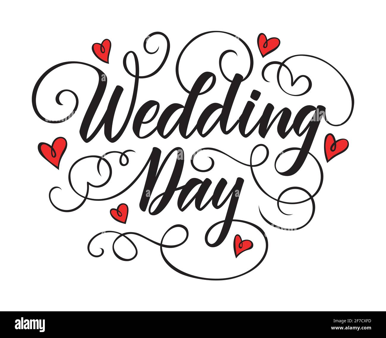 Wedding Day Pinsel Stift Handschriftzug blühende Kalligraphie schwarz mit roter Herzform isoliert auf weiß. Einladungsdesign. Vektorgrafik Stock Vektor