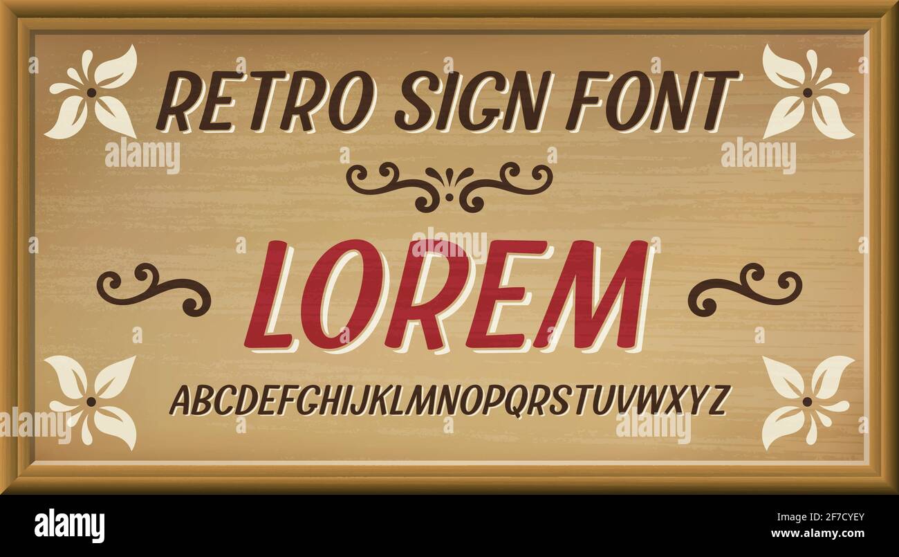 Vintage-Shop-Schild mit Retro-Alphabet-Schrift in Holzhintergrund. Vektorgrafik Stock Vektor