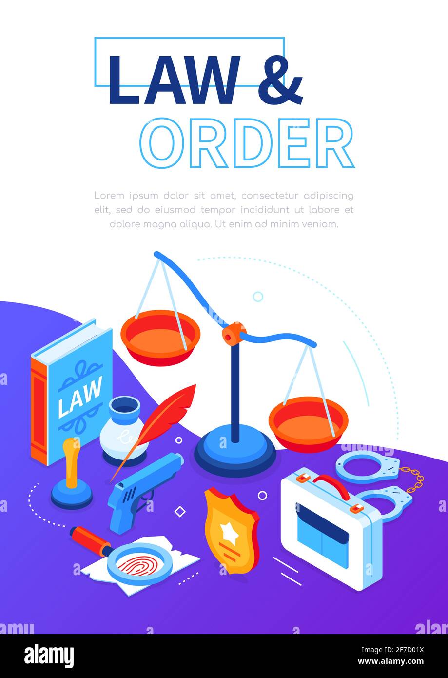 Recht und Ordnung - modernes isometrisches Webbanner mit Platz für Text. Justiz- und Untersuchungskonzept. Handschellen, Pistole, Polizeiabzeichen, Fingerabdrücke, s Stock Vektor