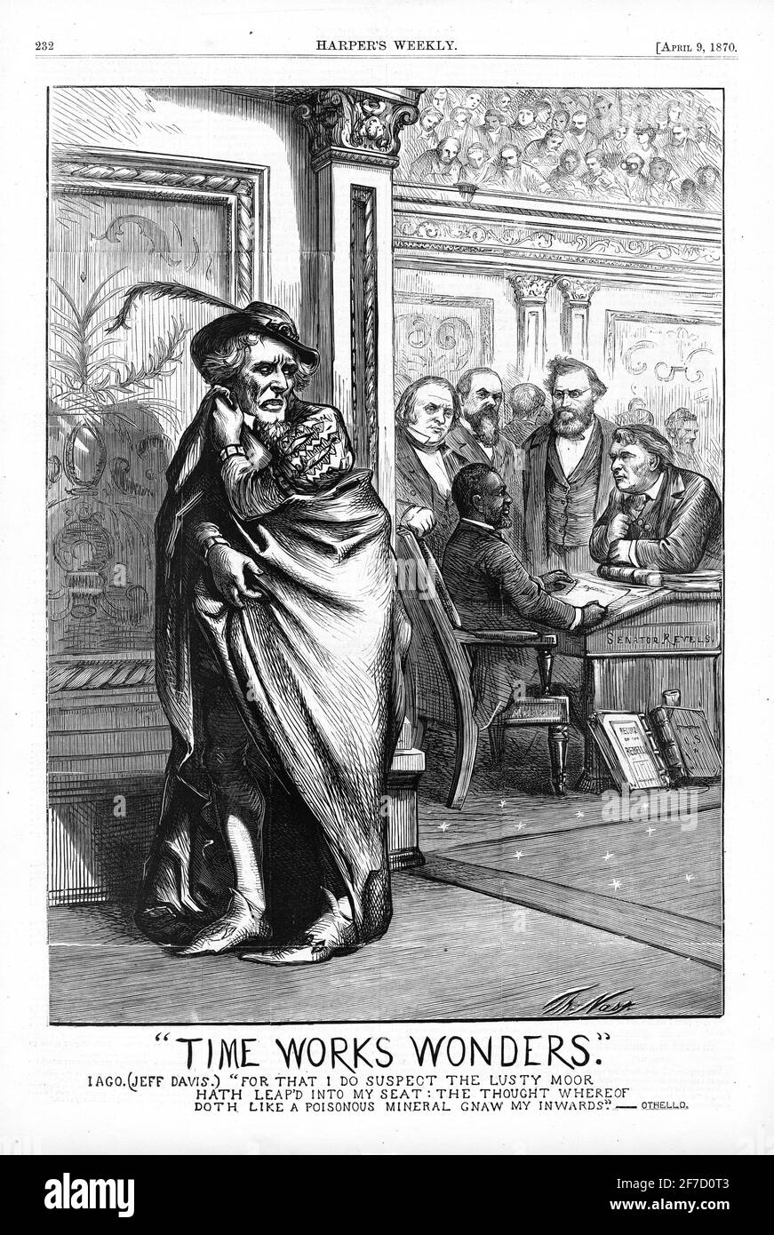 Thomas Nast, Karikatur vom 1870. April in Harper's Weekly, die den konföderierten Politiker Jefferson Davis als Shakespeares Iago darstellt. Die Illustration trägt den Titel „Time Works Wonders“. Stockfoto