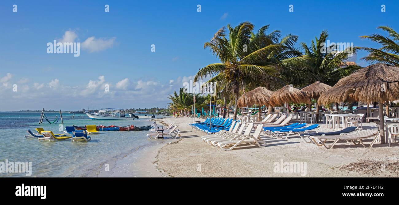 Am Strand des Badeortes Mahahual entlang der Costa Maya, Quintana Roo, Yucatán, Mexiko, warten leere Liegestühle / Liegestühle auf Touristen Stockfoto