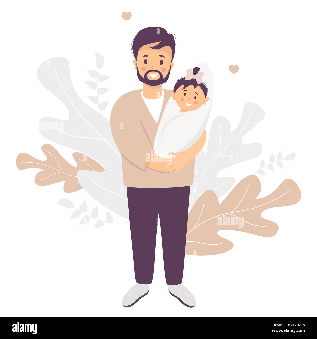 Glücklicher Vater. Lächelnder Mann mit einem neugeborenen Mädchen Tochter in den Armen. Auf einem dekorativen Hintergrund aus tropischen Blättern. Vektorgrafik. Glücklich Stock Vektor