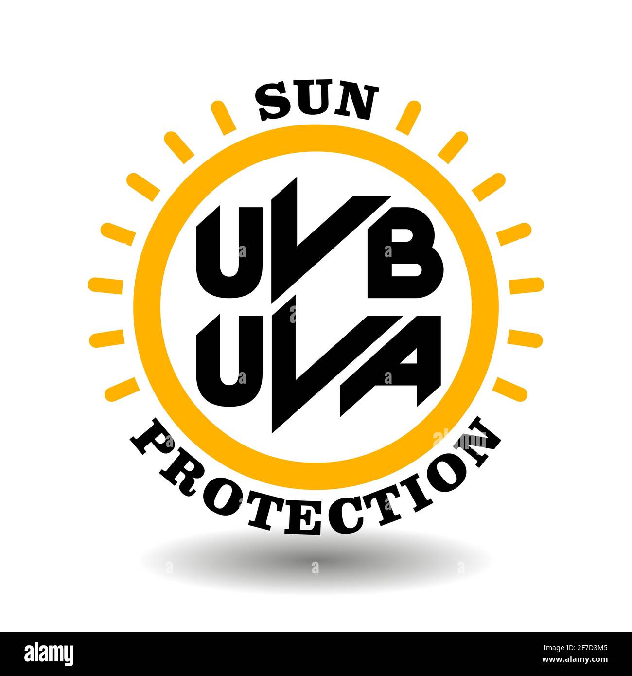 Kreisvektor-Symbol Sonnenschutz mit UVA, UVB-Symbole zur Kennzeichnung von SPF-Kosmetikpackung. Sunblock Zeichen für Hautpflegeprodukt gegen ultraviolettes ra Stock Vektor