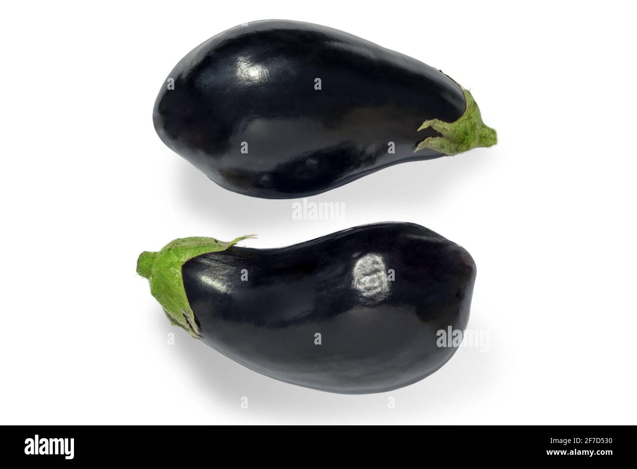 Aubergine isoliert auf weißem Hintergrund, zwei Shinjal in der Draufsicht Stockfoto