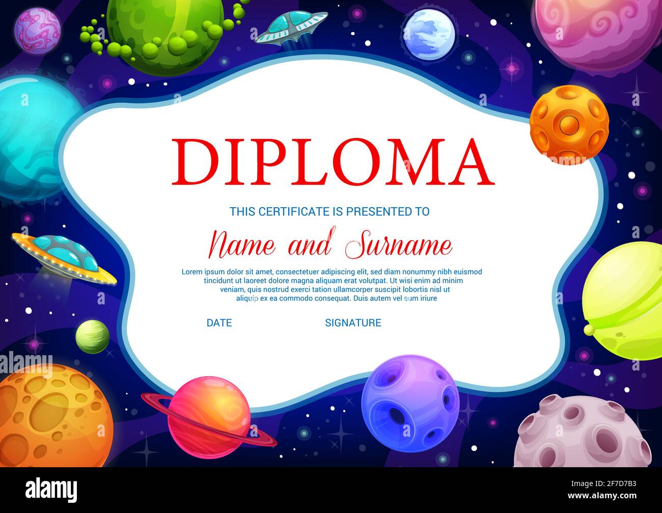 Bildung Schule Diplom Fantasie Raum Planeten Stock Vektor