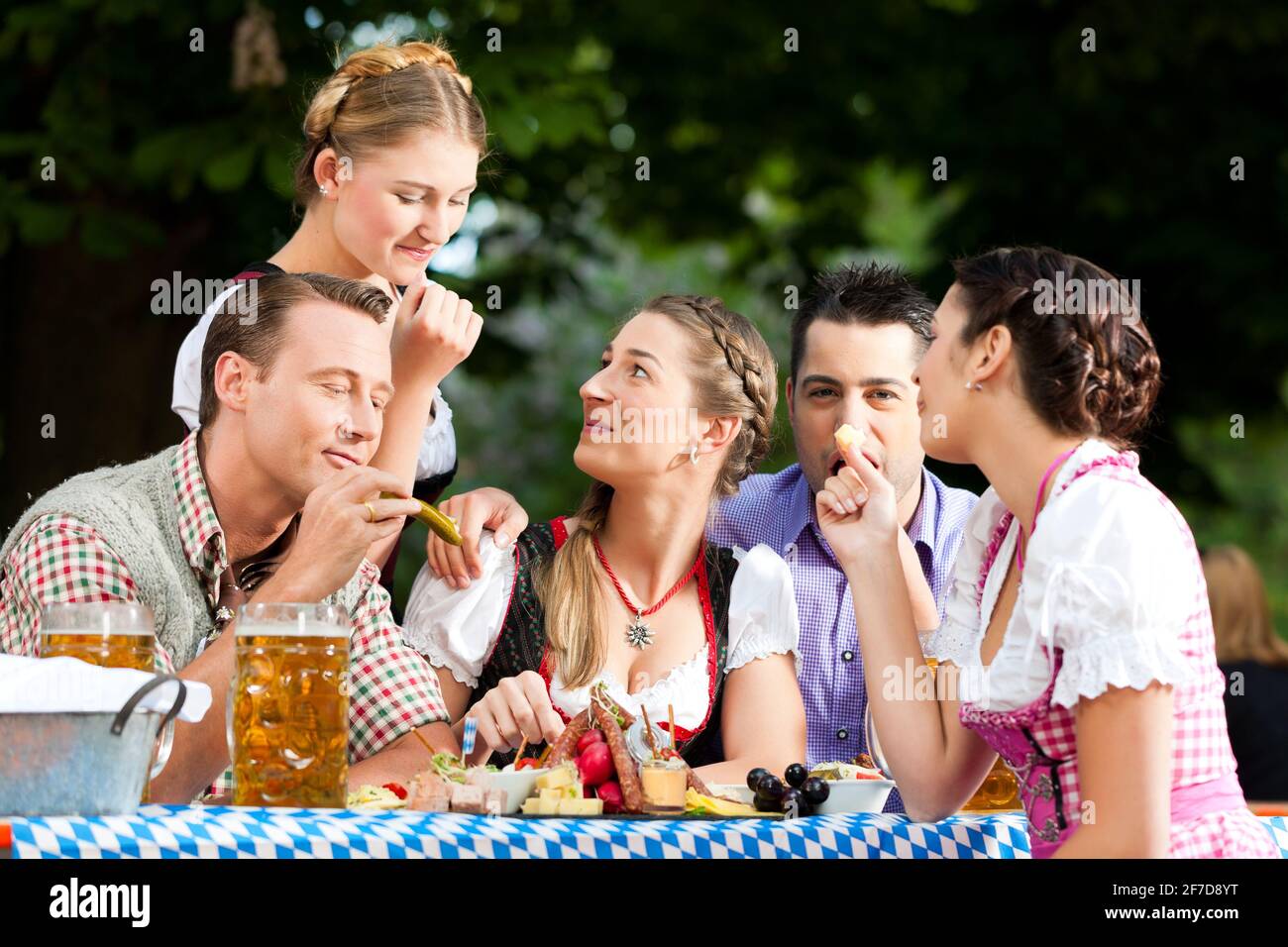 Im Biergarten Freunde Tracht Dirndl Und Auf Einem Tisch Mit Bier Und im-biergarten-freunde-tracht-dirndl-und-auf-einem-tisch-mit-bier-und