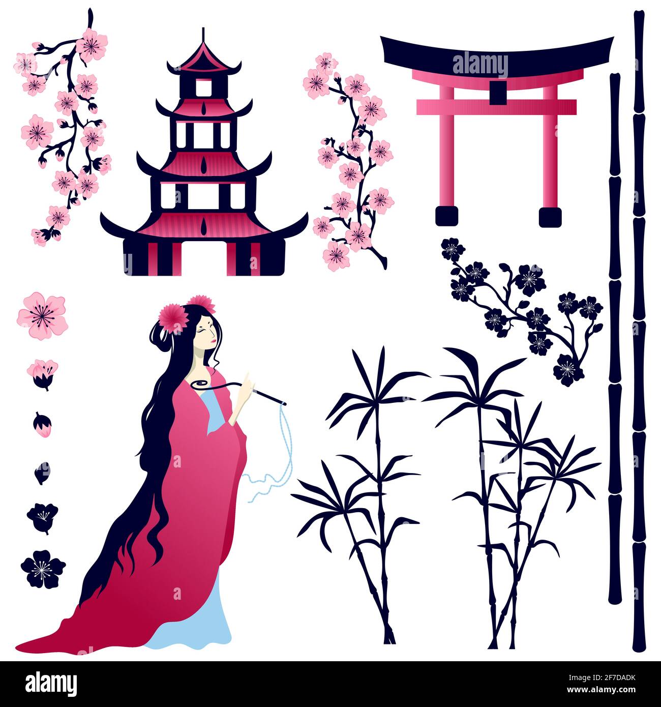 Asiatisches Mädchen, Pagode, Tor, Sakura-Blumen, Bambusstämme auf weißem Hintergrund. Satz von Elementen für das Design, vom Hintergrund isoliert. Stock Vektor