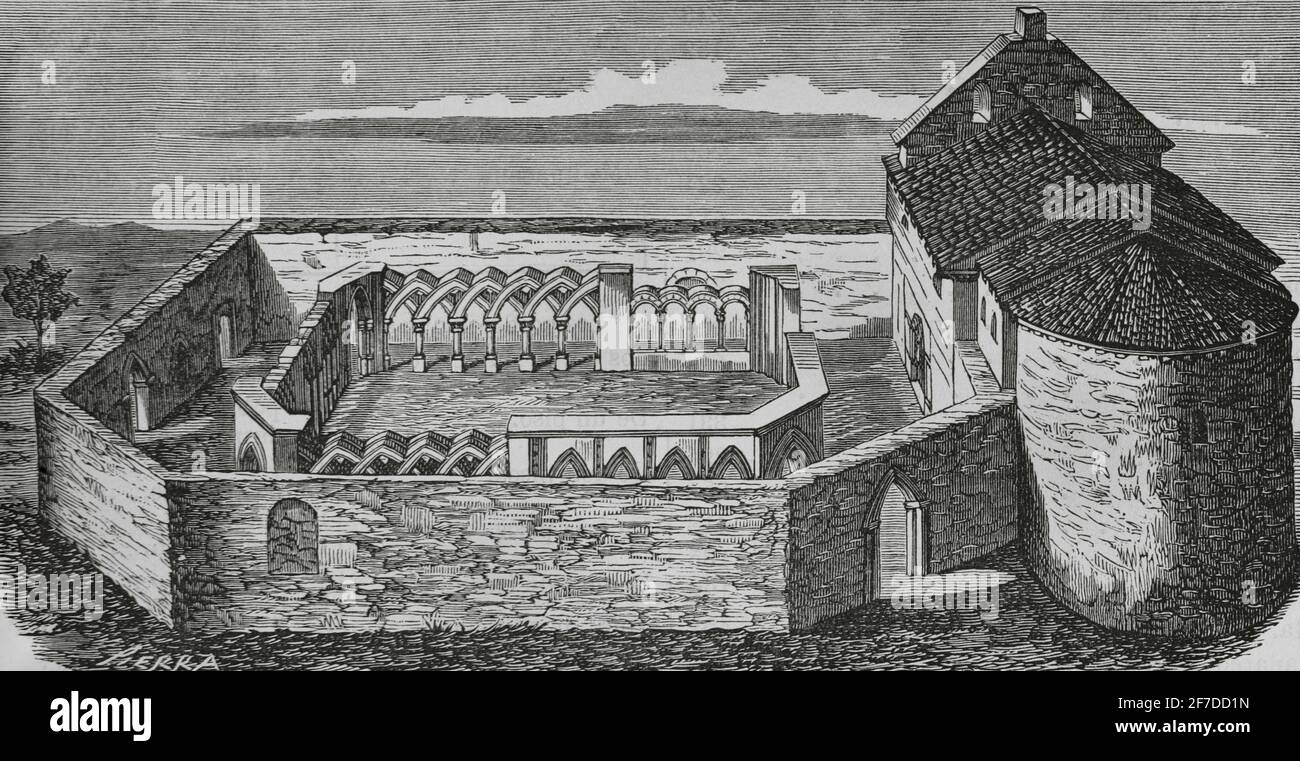 Spanien, Soria. Romanische Architektur. San Juan de Duero. Kreuzgang. 13. Jahrhundert. Es enthält Elemente der Romanik, Gotik, Mudejar-Stil und orientalischen Einflüssen. Es wurde 1882 zum Nationaldenkmal erklärt. Es gehörte zum Militärorden der Hospitaliers des heiligen Johannes von Jerusalem. Gravur von Sierra. Crónica General de España, Historia Ilustrada y Descriptiva de sus Provincias. Castilla-La Vieja, 1870. Stockfoto