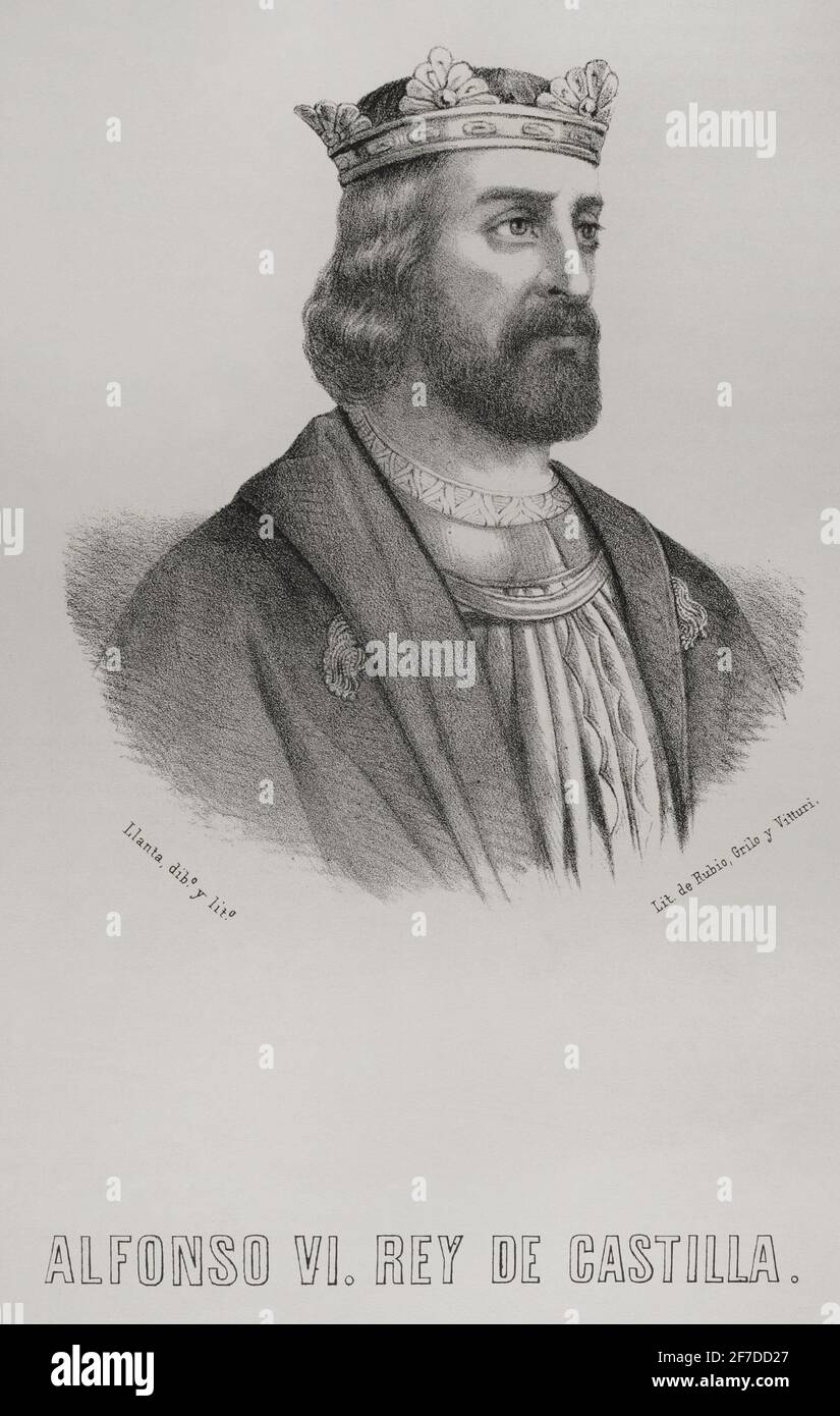 Alfonso VI. Von Leon (1040-1109). König von Leon (1065-1070) und König von Kastilien und Leon (1072-1109. Genannt der Tapfere. Illustration von Llanta. Hochformat. Lithographie. Crónica General de España, Historia Ilustrada y Descriptiva de sus Provincias. Castilla-La Vieja, 1870. Stockfoto