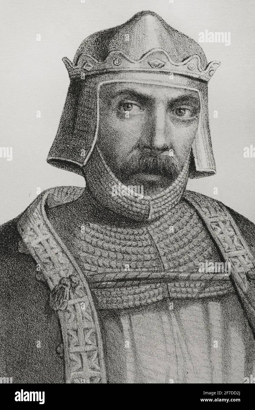 Alfonso II. Von Asturien (c. 760-842). Genannt die Keuste. Illustration von Llanta. Hochformat. Lithographie. Crónica General de España, Historia Ilustrada y Descriptiva de sus Provincias. Castilla-La Vieja, 1870. Stockfoto