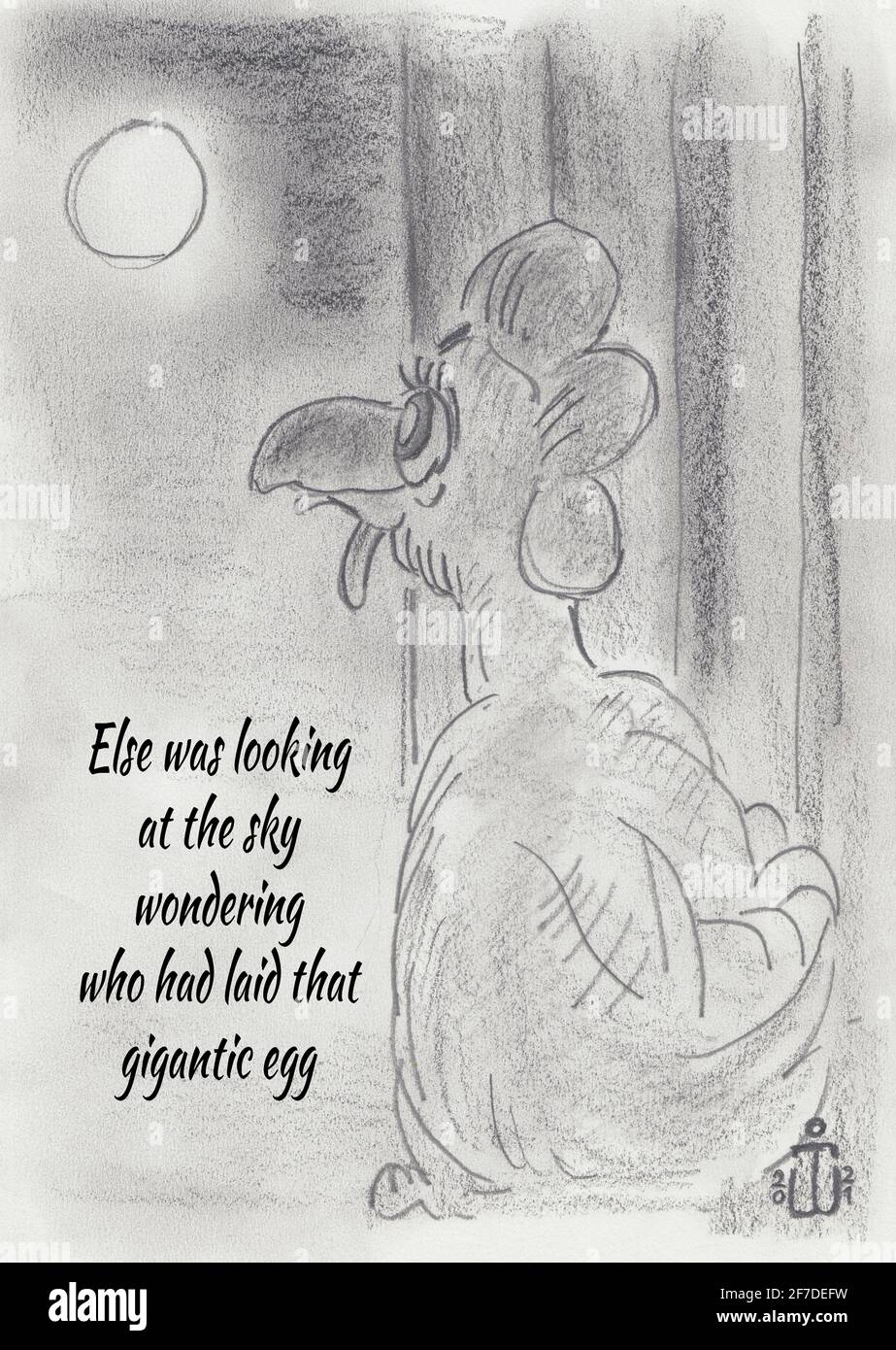 Zeichnung des Hühnchens Else, das erstaunt auf den Mond schaute und sich wunderte, wer dieses gigantisches Ei gelegt hatte Stockfoto