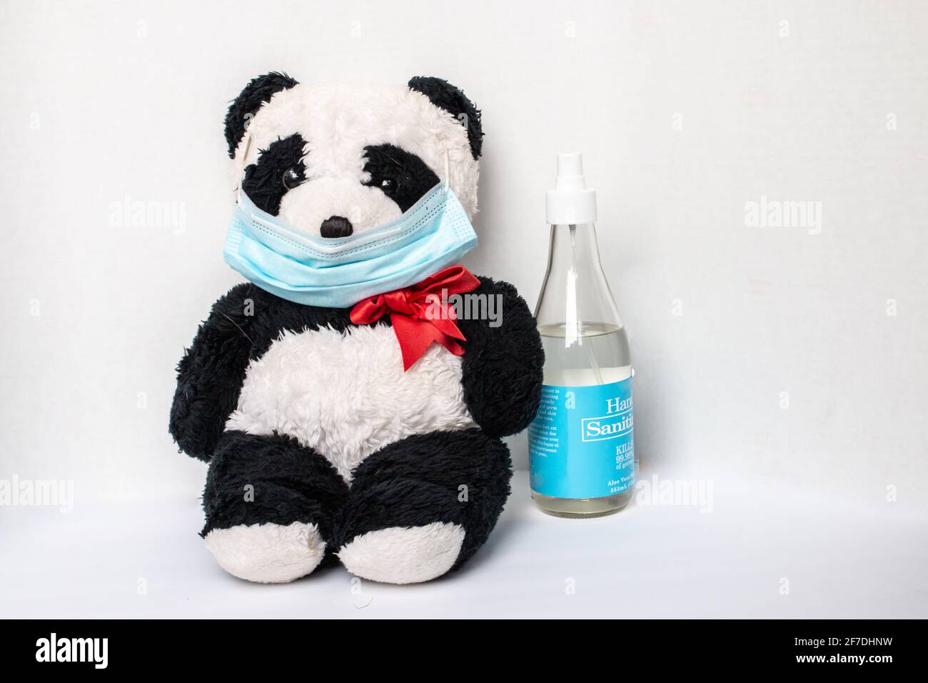 Toronto Ontario Kanada - 1. Februar 2021: Teddybär trägt während der Pandemie neben einer Flasche Handdesinfektionsmittel eine medizinische Maske, Toronto, Kanada. Stockfoto