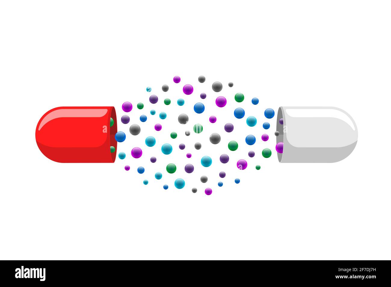 Medizinische Kapsel Pille geöffnet mit vielen bunten Molekülen. Medizin Medikament Vitamin verbessern Gesundheitskonzept. Rot und weiß pharmazeutischen Antibiotika Hälften Struktur mit Partikeln Vektor eps Abbildung Stock Vektor