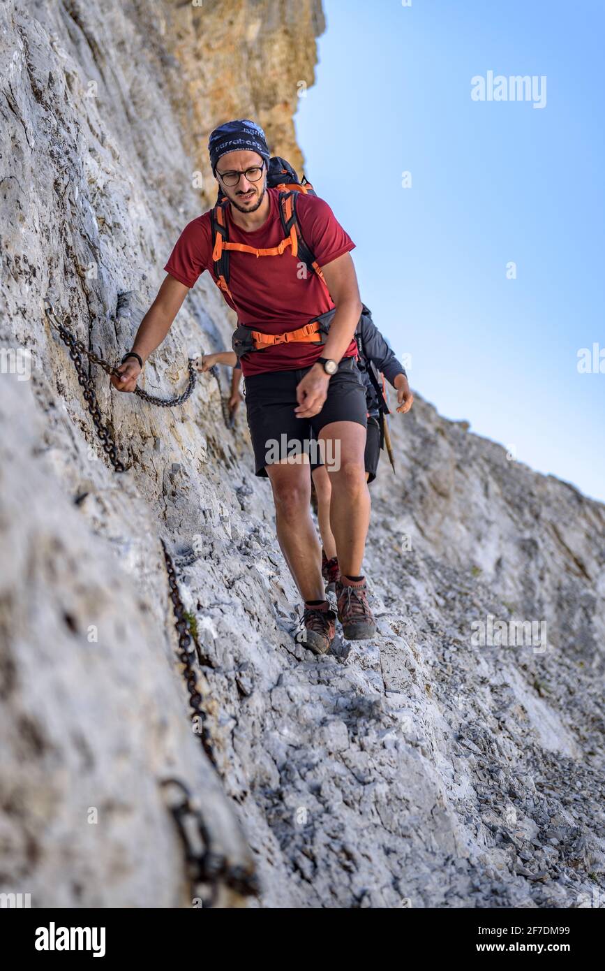 Trekking in Ordesa und dem Nationalpark Monte Perdido bis zum Brèche de Roland. Kette Paso de los Sarrios (Huesca, Spanien, Pyrenäen) Stockfoto