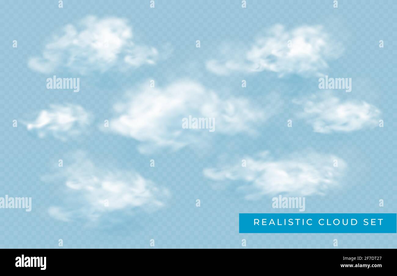 Wolke in realistischem Stil auf transparentem Hintergrund. Abstrakte Wolken gesetzt. Vektordesign-Vorlage. Stock Vektor