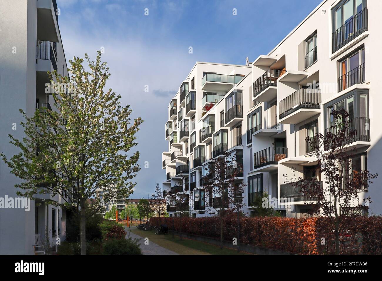 Stadtbild eines modernen Wohngebietes mit Wohngebäuden, neue grüne Stadtlandschaft in der Stadt Stockfoto