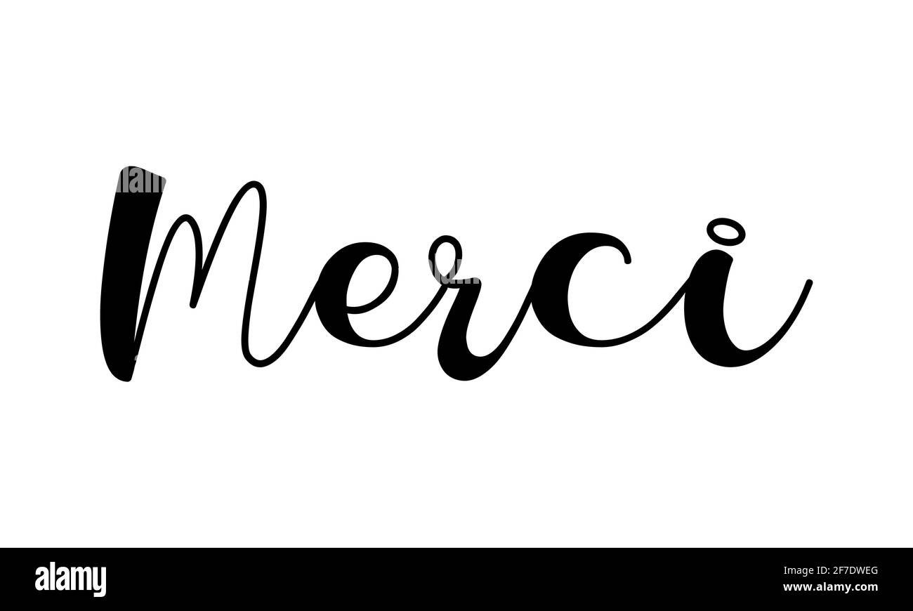Handskizziertes MERCI-Zitat auf Französisch als Logo. Übersetzte Danke. Schriftzug für Banner, Header, Karte, Poster, Flyer Stock Vektor