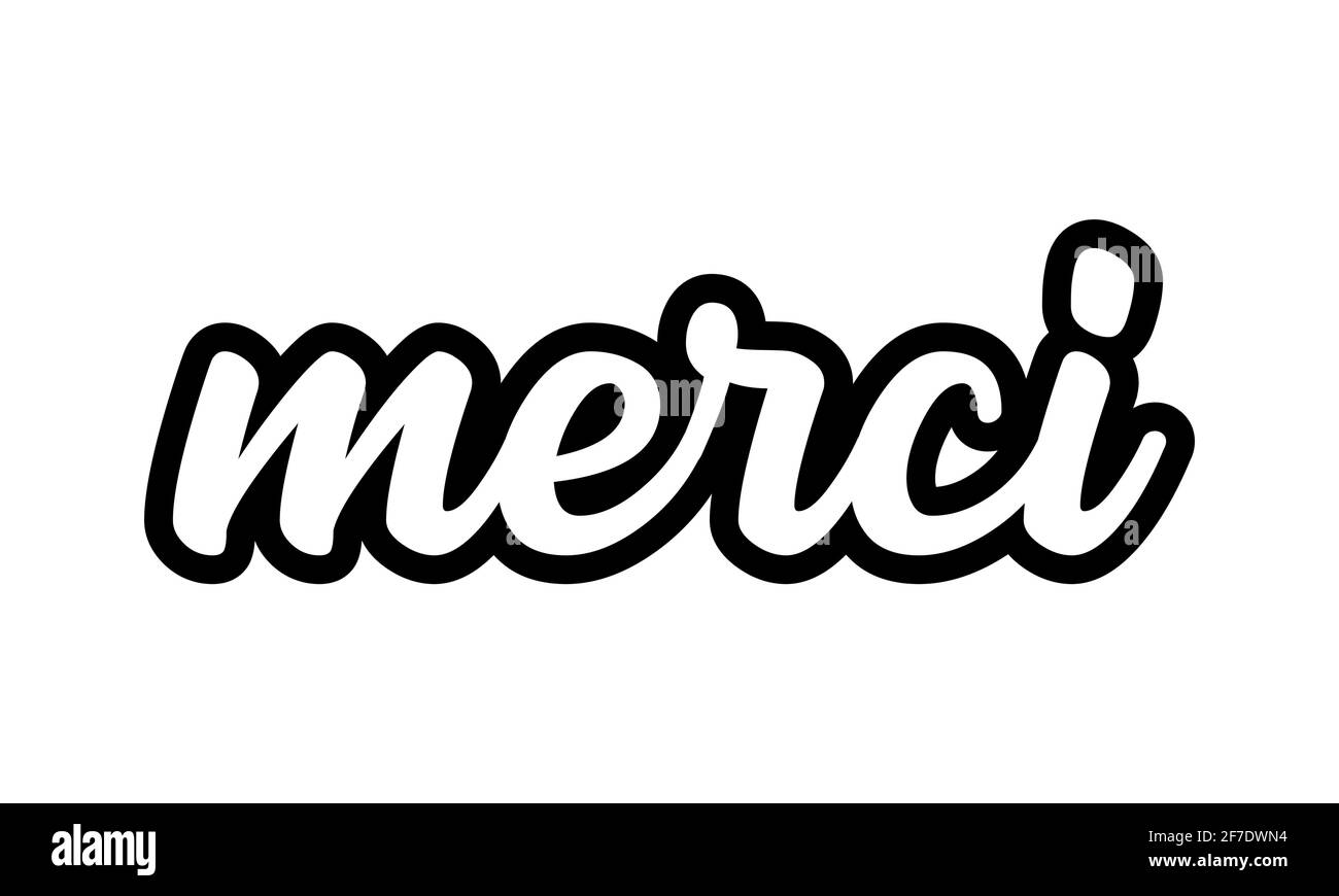 Handskizziertes MERCI-Zitat auf Französisch als Logo. Übersetzte Danke. Schriftzug für Banner, Header, Karte, Poster, Flyer Stock Vektor